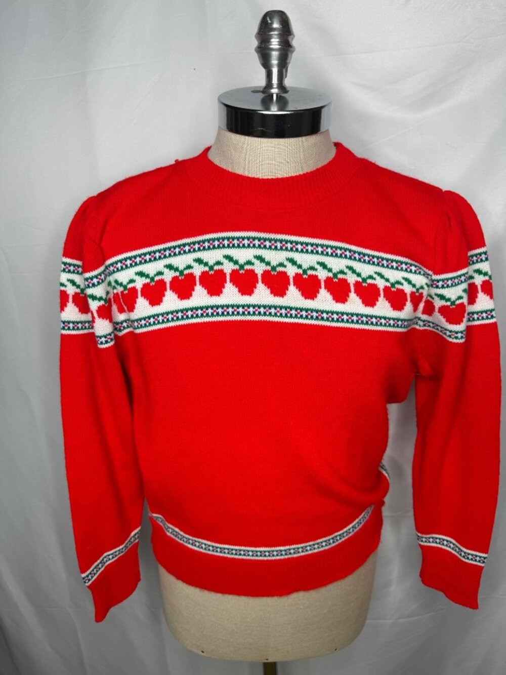 Vintage Red Sweater Apple Pattern Sz L 80's Puffy Sleeve Teacher Preppy